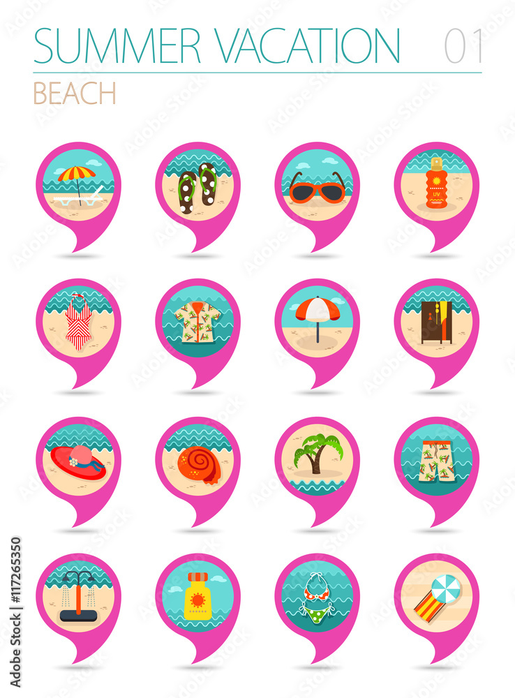 Beach pin map icon set. Summer. Vacation Beach pin map icon set. Summer. Vacation