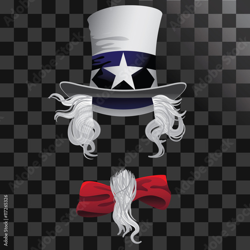 Uncle Sam hat with hair beard and bow tie. EPS 10 vector. photo