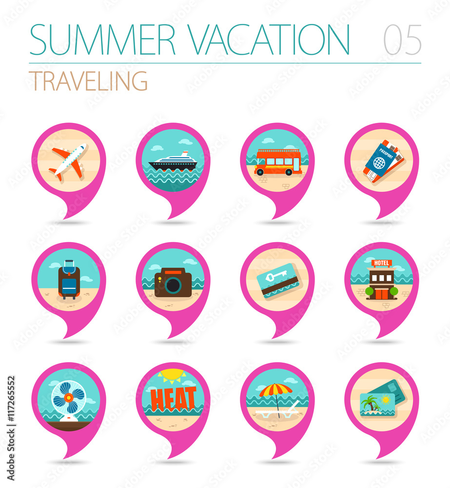 Traveling pin map icon set. Summer. Vacation