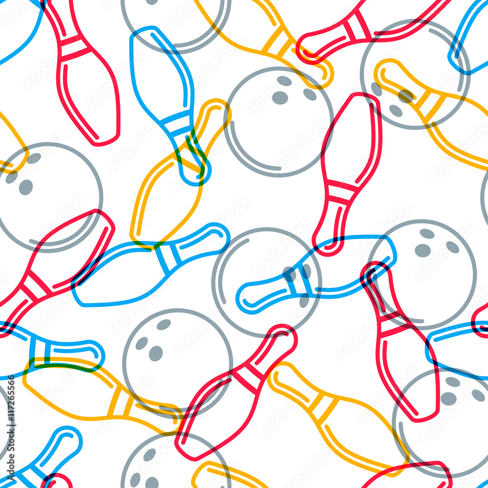 Naklejka premium Vector bowling seamless pattern. Color line art background and outline design elements. Bowling ball, bowling pins, shoes illustration. Design for fashion textile print, wrapping, web background.