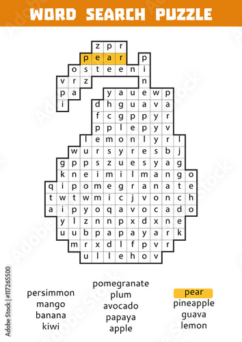 Vector color crossword about fruits. Word search puzzle
