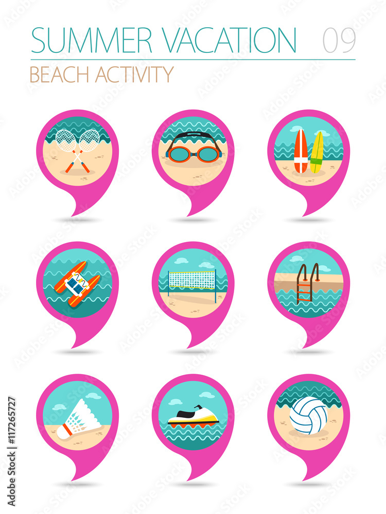 Beach activity pin map icon set. Summer. Vacation