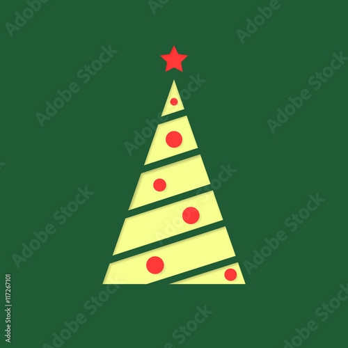 Vector illustration of Christmas fir - tree icon, flat design. Isolated on green background, eps 10.