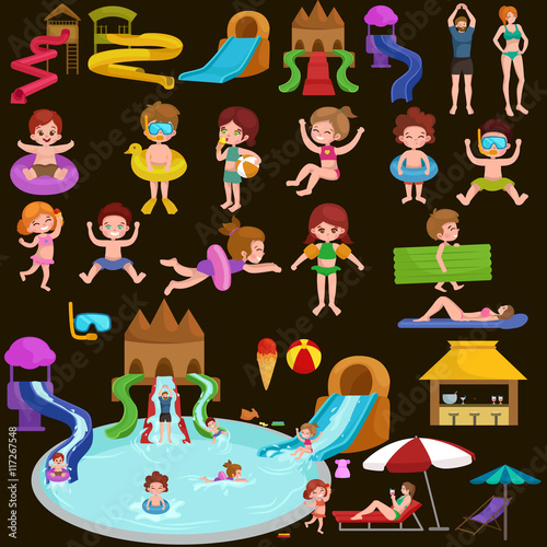 Water aquapark playground with slides and splash pads for family fun vector illustration.