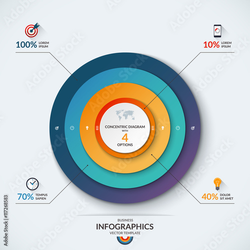 Infographic Diagram Template With Concentric Circles Vector Banner With 4 Options 10 40 70 And 100 Percent Can Be Used For Web Design Presentation Graph Chart Report Data Visualization Stock Vector Adobe Stock