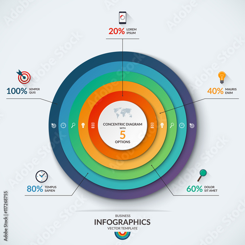 Infographic diagram template with concentric circles. Vector banner with 5 options- 20, 40, 60, 80, 100 percent. Can be used for web design, presentation, graph, chart, report, data visualization