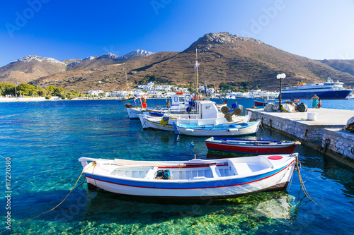traditonal fishing boats in Katapola port  Amorgos island  Greece
