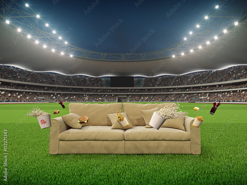 Obraz premium stadium with a sofa in the middle and flying fastfood. 3d rendering