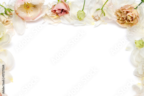 pastel peonies, roses and carnations on a white background with