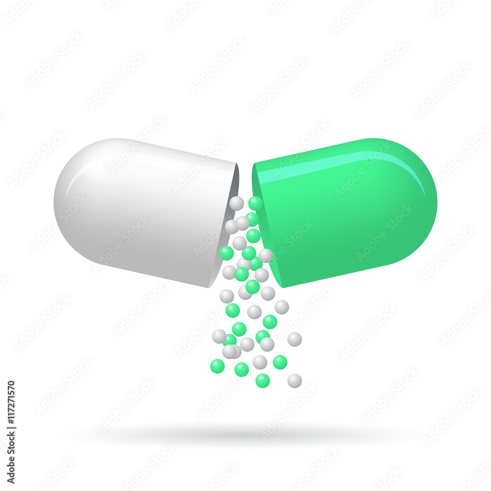 Opened pill with fall out granules Opened pill with fall out granules