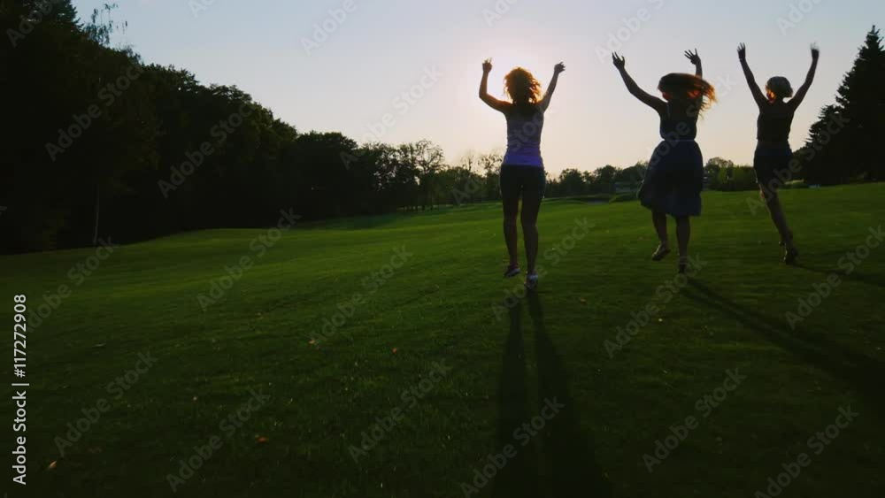 Energy and youth - three young women happily run on green grass toward the sun. Slow motion video. Health and healthy lifestyle Energy and youth - three young women happily run on green grass toward the sun. Slow motion video. Health and healthy lifestyle