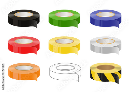 insulation duct tape roll vector. Set of masking adhesive tapes for packaging: black, transparent, green, blue, red, yellow, grey, orange, black and caution tape. illustrated vector isolated
