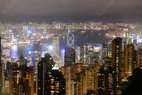 Hong Kong Skyline and Victoria Harbour at night from Victoria Peak on Hong Kong Island.