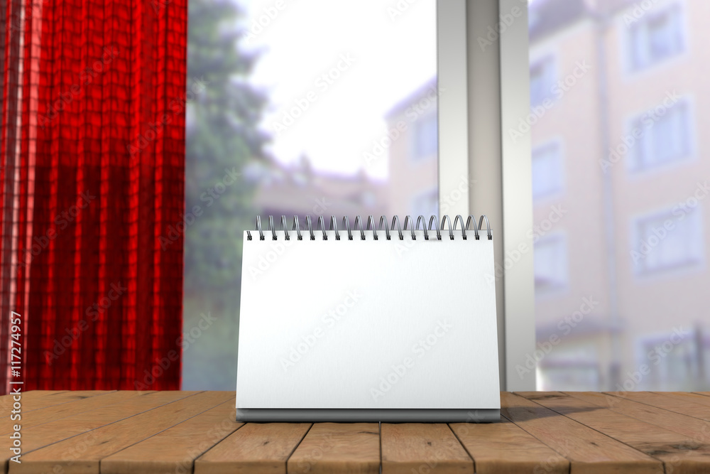 White loose-leaf calendar mock up in front of blurred background. Table tent on wooden table in blurred room mock up. 3d illustration of empty desk calendar selective focus. White loose-leaf calendar mock up in front of blurred background. Table tent on wooden table in blurred room mock up. 3d illustration of empty desk calendar selective focus.