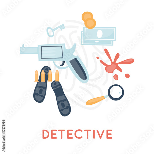 Detective and icon set elements. smoking pipe, detective, crime scene, revolver, crime Flat design vector.