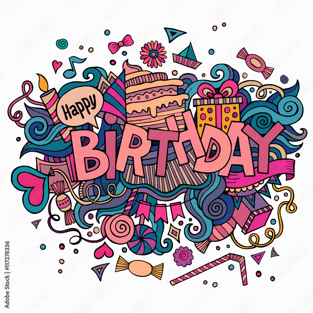 Birthday hand lettering and doodles elements background