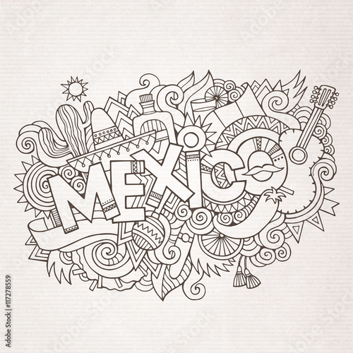 Mexico country hand lettering and doodles elements