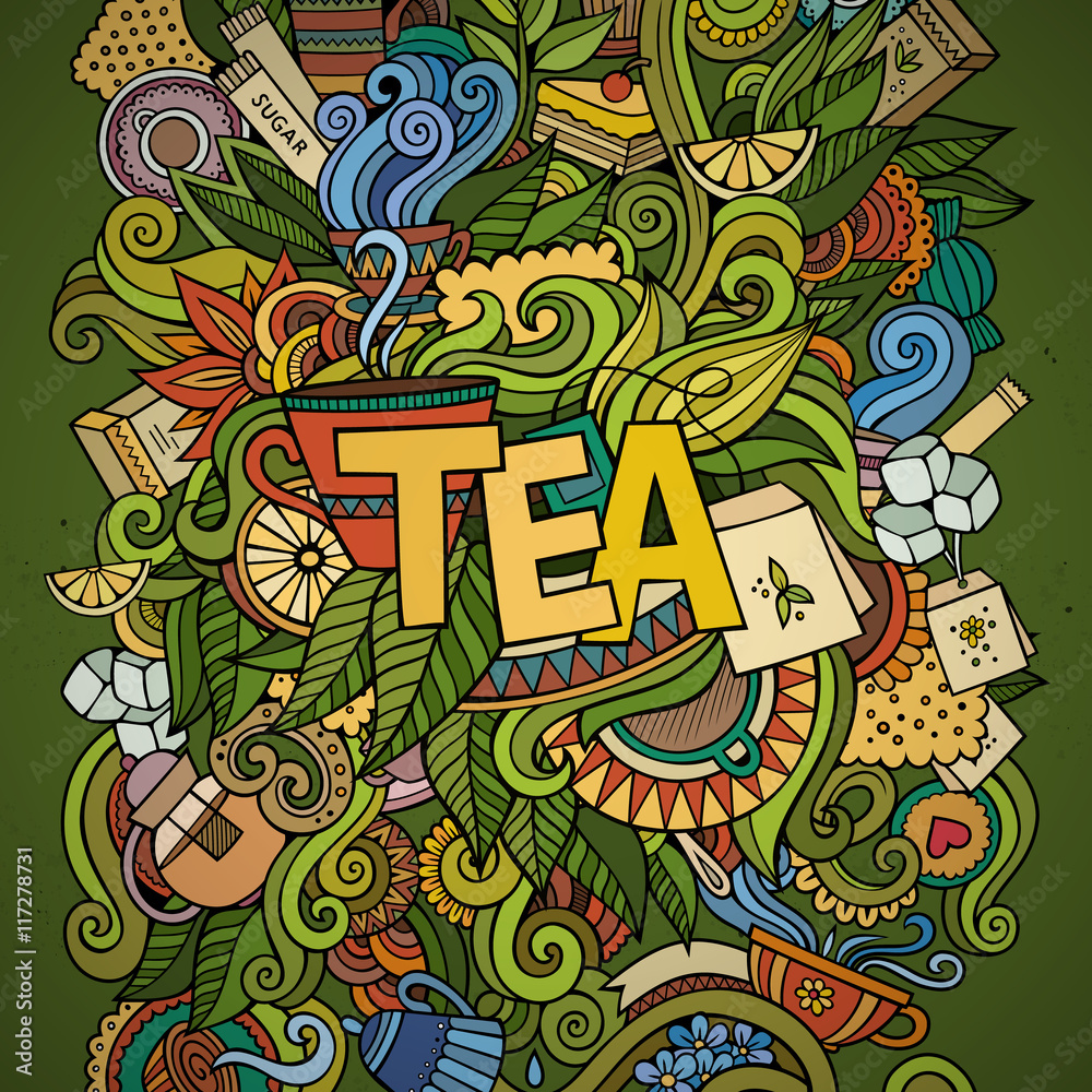 Tea hand lettering and doodles elements background. 