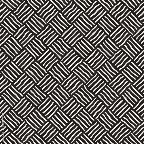 Vector Seamless Black And White Hand Drawn Checker Diagonal Lines Pattern
