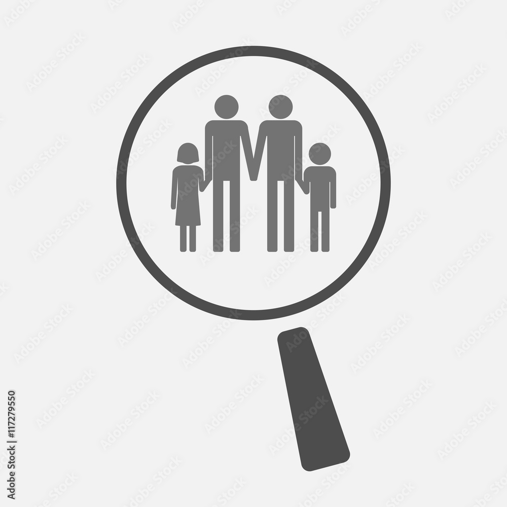 Isolated magnifier icon with a gay parents family pictogram Isolated magnifier icon with a gay parents family pictogram