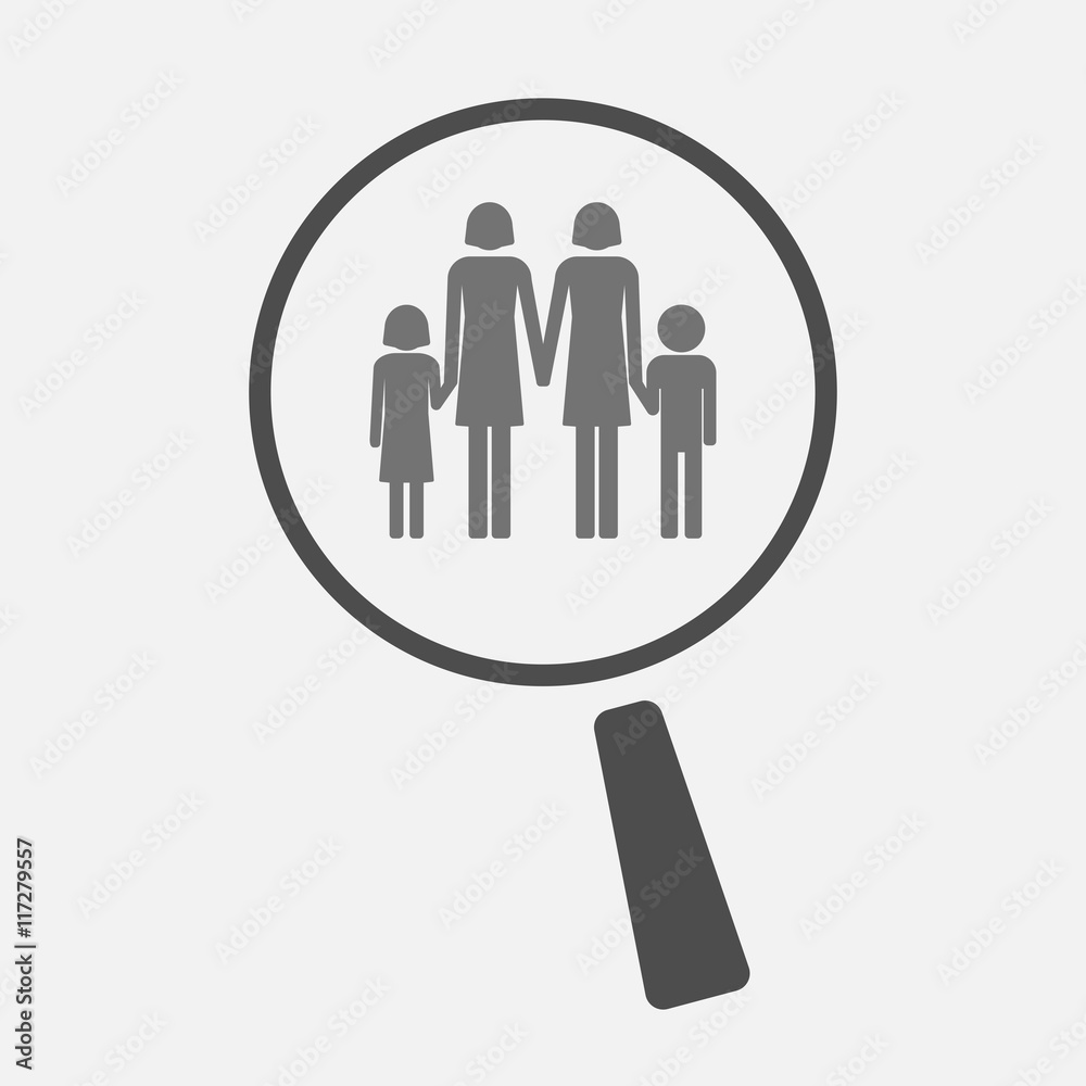 Isolated magnifier icon with a lesbian parents family pictogram Isolated magnifier icon with a lesbian parents family pictogram