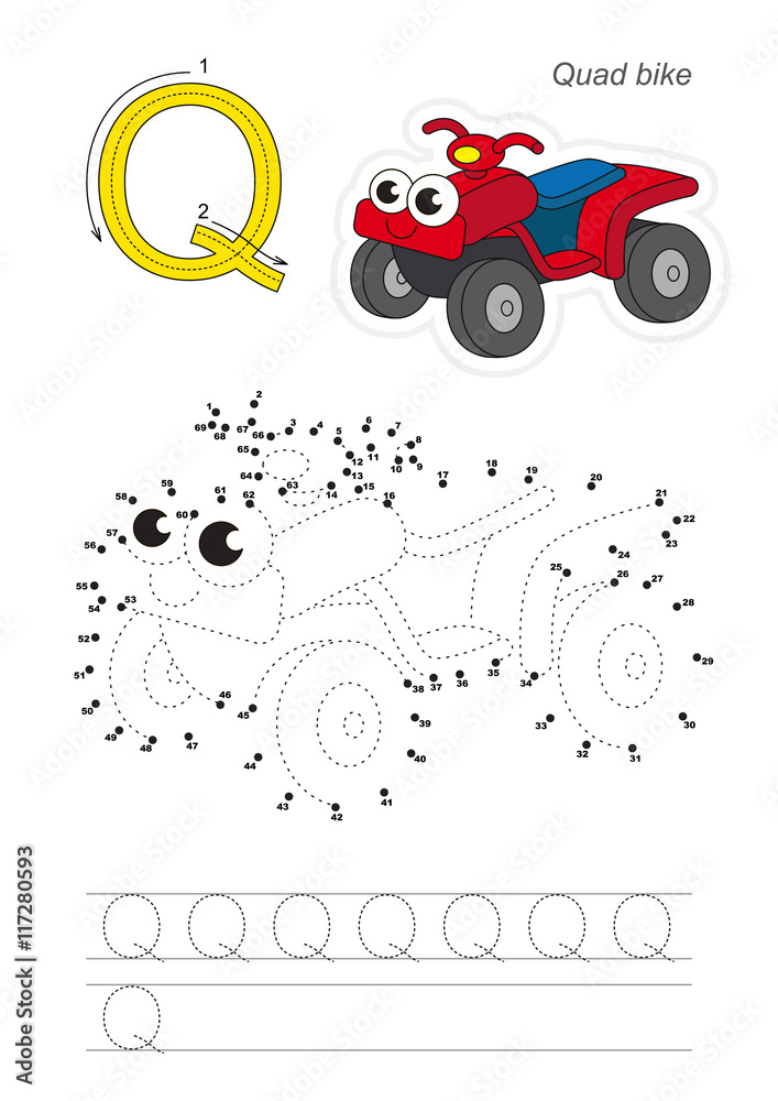 Numbers game for letter Q. Red Quad Bike