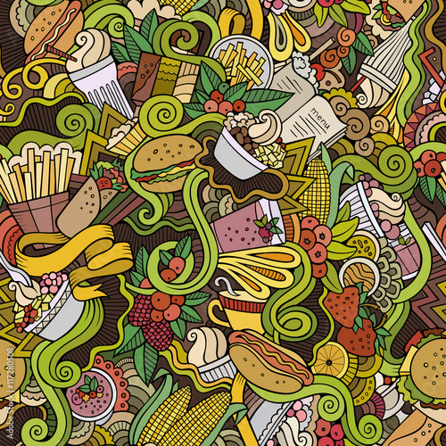 Cartoon hand-drawn doodles on the subject of fast food seamless pattern