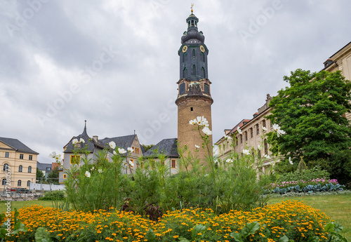 Weimar UNESCO castle schloss square tower park flower bed view Thuringia Germany