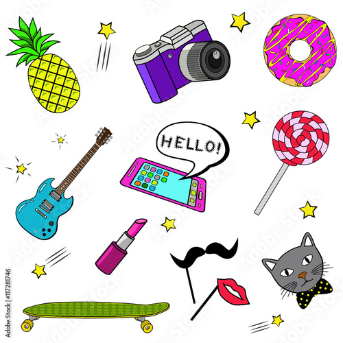 Set of color funky hipster icons. Vector illustration