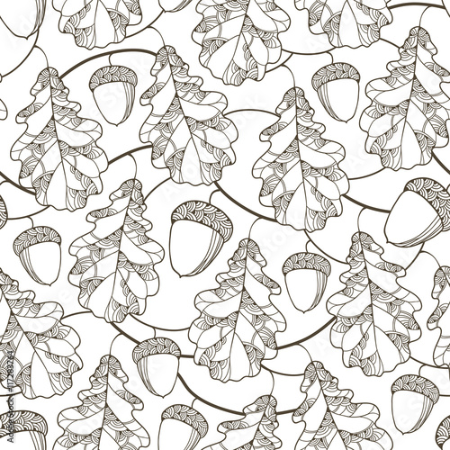 Vector seamless pattern with contour oak leaves, branches and acorns on the white background. Floral elements in linear style. Autumn background with outline oak leaf and acorn for September design.
