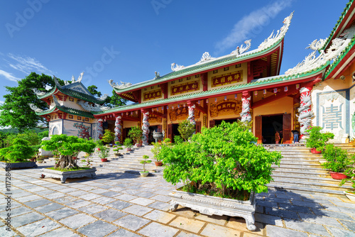 Amazing view of the Linh Ung Pagoda on blue sky background