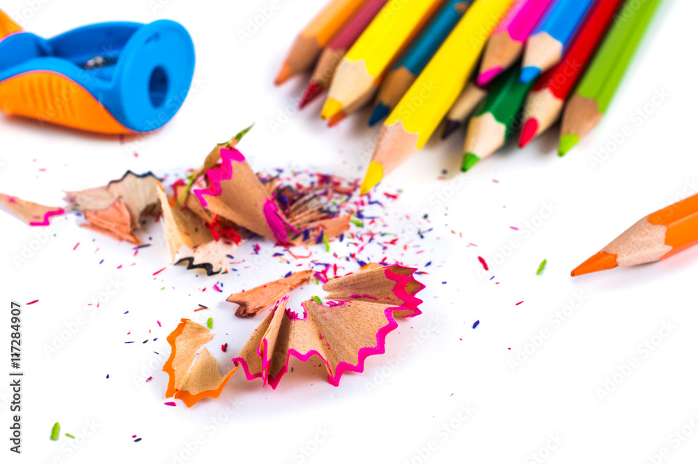 Colored pencils shavings isolated on white background Colored pencils shavings isolated on white background