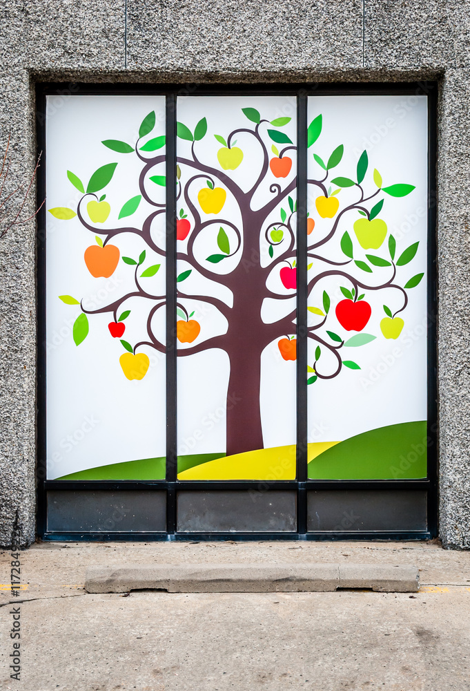 Abstract door with tree painting drawing. Tree of life painting. Street