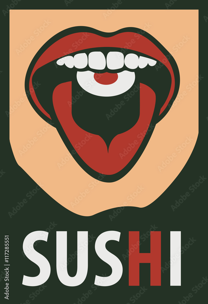 Japanese food with human mouth eating sushi in a retro style