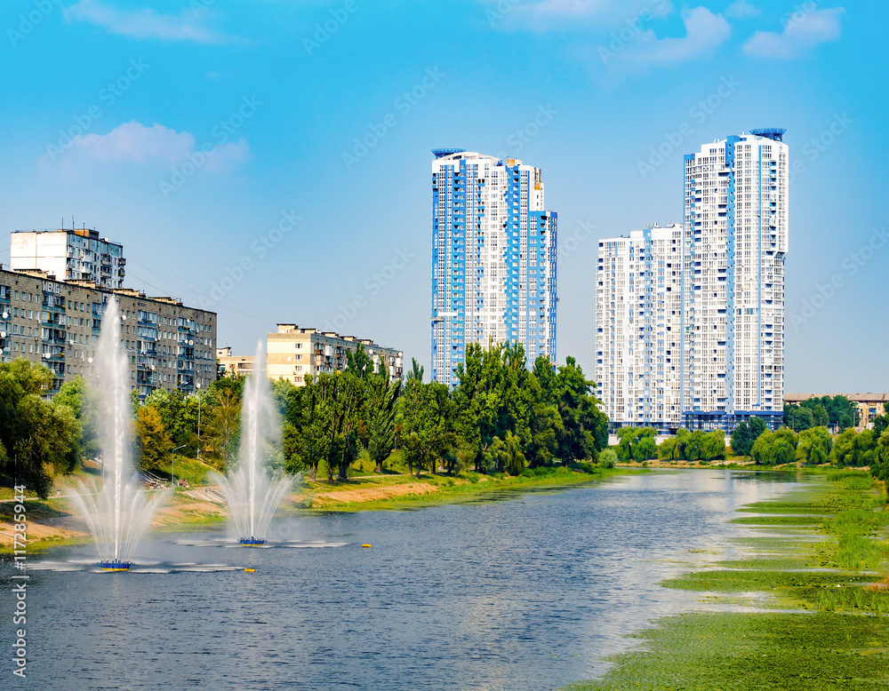 Obraz premium Fountains in Kiev District Rusanovka fountains panorama. Kiev Uk