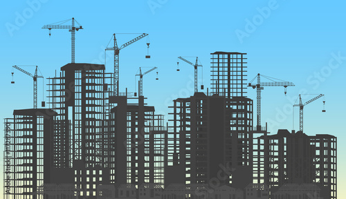 Building city under construction website process with tower cranes silhouette. Constructions infographics template concept.