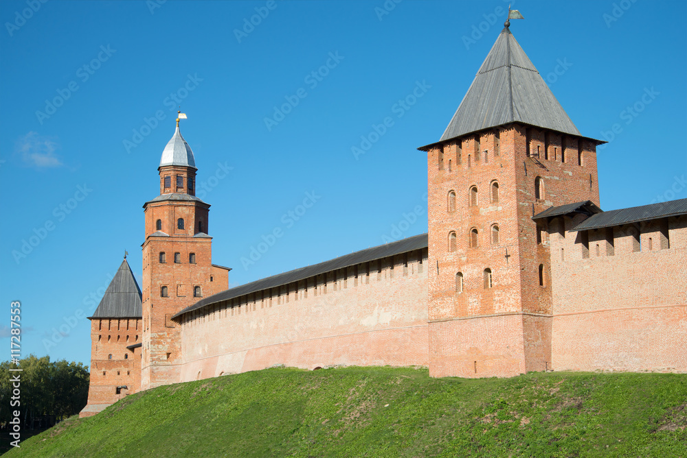 The old towers of the Kremlin of Veliky Novgorod, sunny october day. Russia
