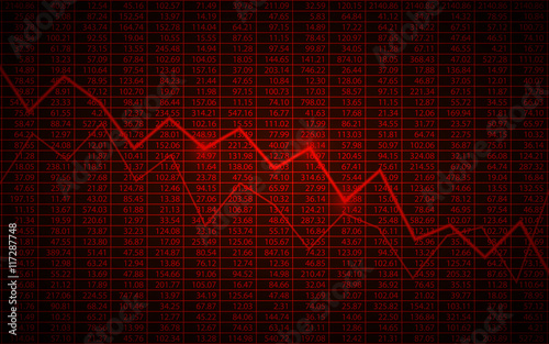Business chart with downtrend line graph and stock numbers in bear market on dark red background (vector)