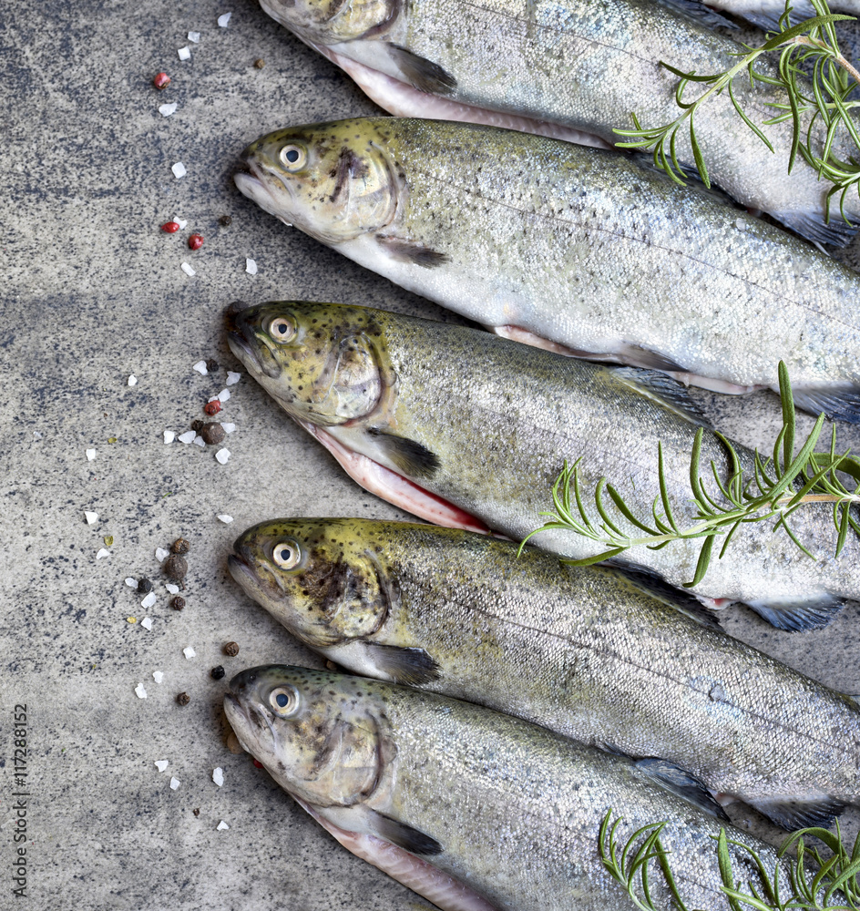 Rainbow trouts on a stone board with herbs Rainbow trouts on a stone board with herbs