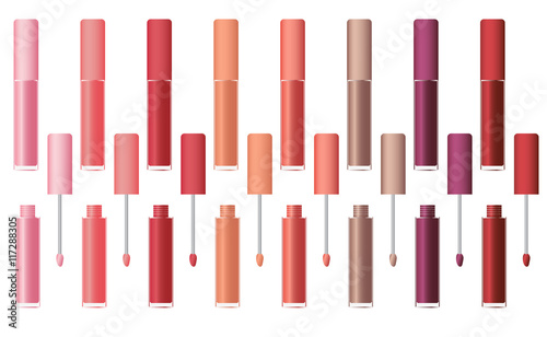 Lip gloss in the package. Glamour tube of colored lipstick.