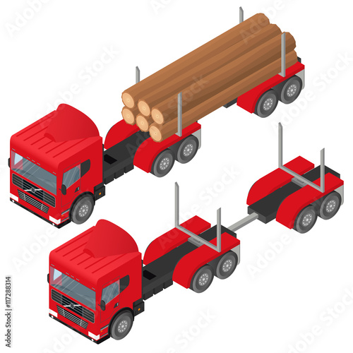 Logging truck in isometric. A bunch of logs