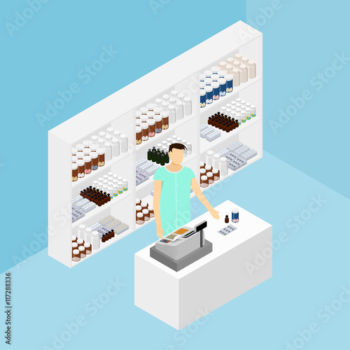 Pharmacy in isometric. Drug store. The pharmacist