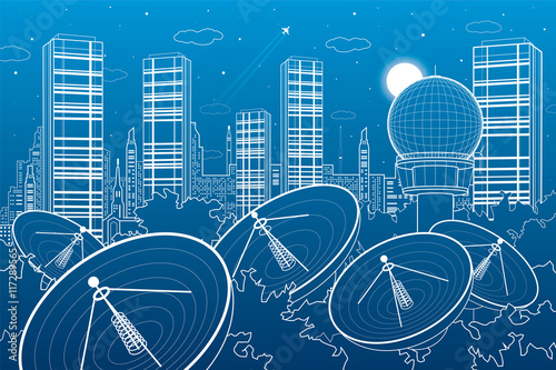 Radars in the woods, communication technology, weather station, night skyline, neon city, urban scene, vector design art