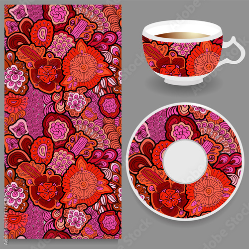 stock vector cup of coffee and seamless floral oriental ornament