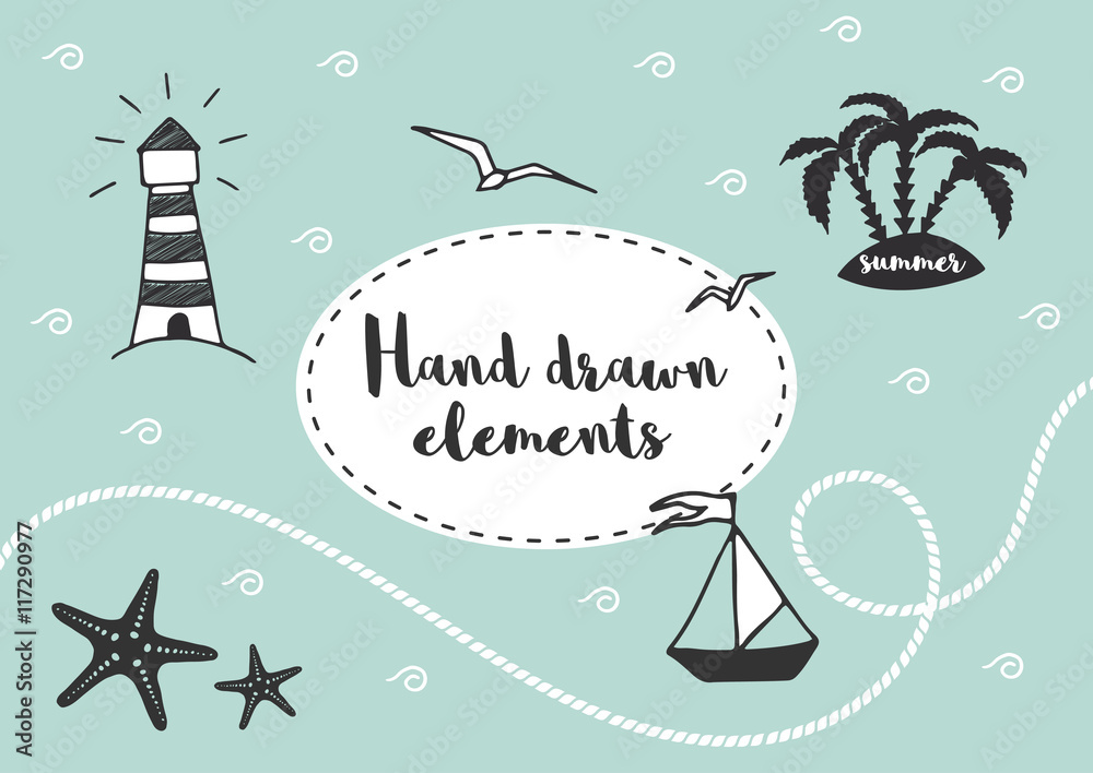 Naklejka Nautical Design Elements. Set of vector hand drawn illustration in marine style.