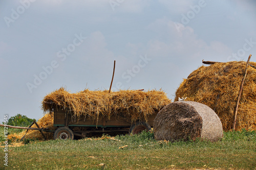 stack hay and cart in summer countryside photo