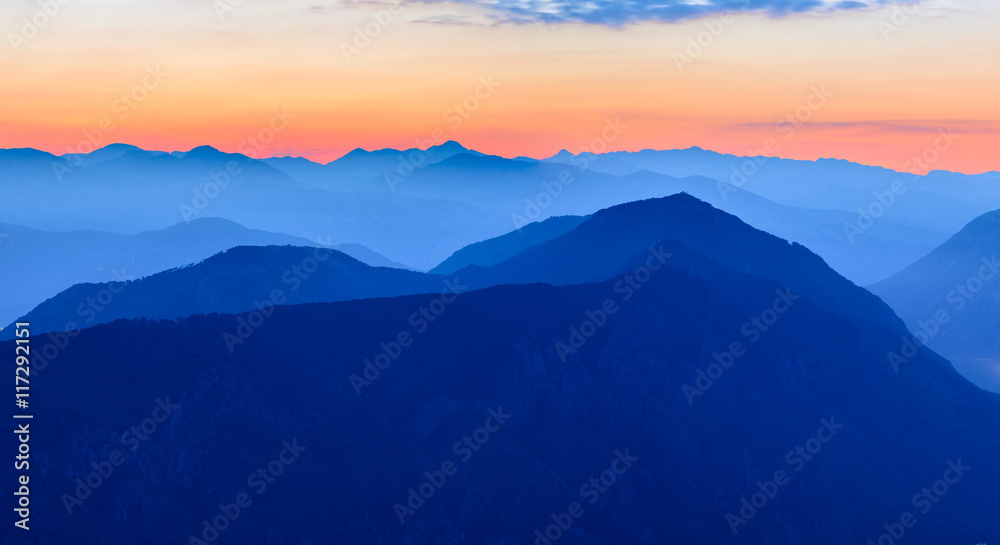 Sunset in the Mountains. Dinaric Alps, Orjen and Lovcen mountains, Montenegro Sunset in the Mountains. Dinaric Alps, Orjen and Lovcen mountains, Montenegro