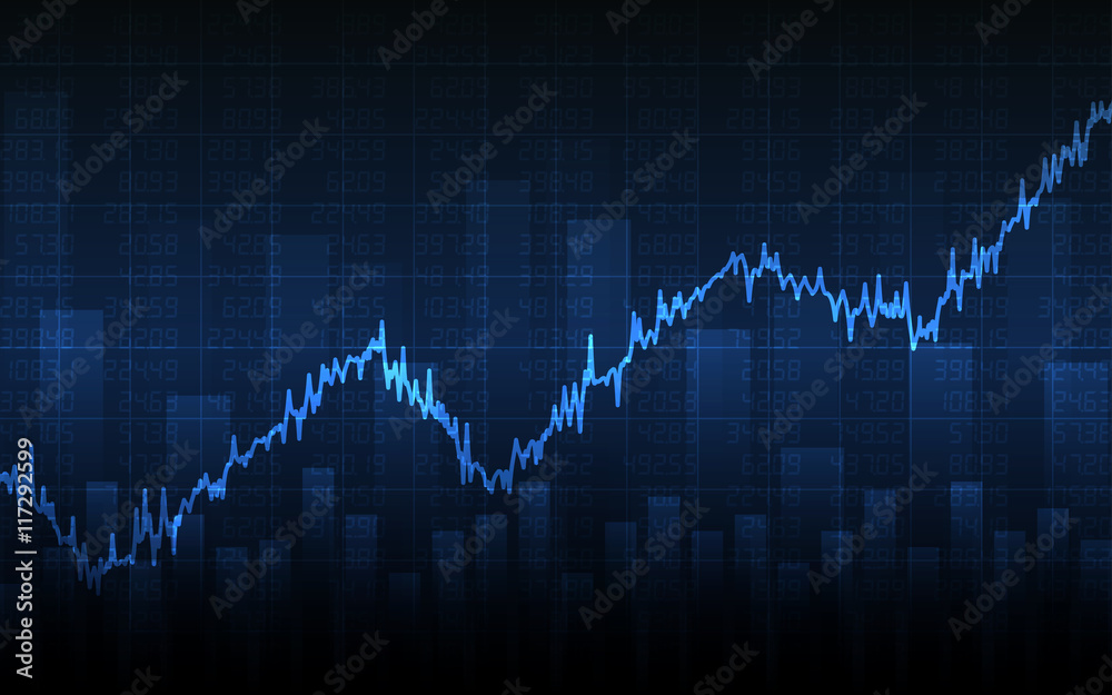Business chart with uptrend line graph, bar chart and stock numbers in bull market on dark blue background (vector)