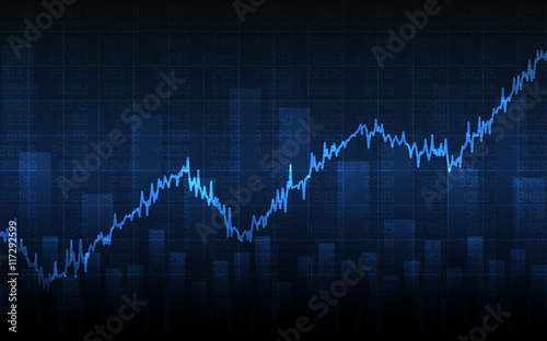 Business chart with uptrend line graph, bar chart and stock numbers in bull market on dark blue background (vector)