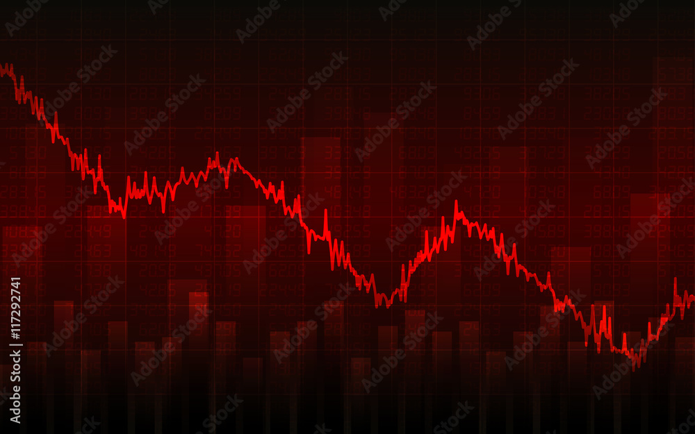 Business chart with downtrend line graph, bar chart and stock numbers in bear market on dark red background (vector) Business chart with downtrend line graph, bar chart and stock numbers in bear market on dark red background (vector)